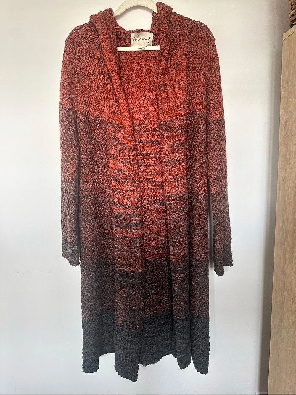Ethereal Anthropologie Ombré Open Front Long Cardigan Orange Gray Large